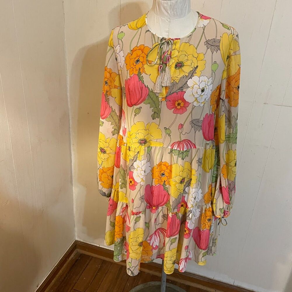 TRINA TURK Psychedelic Poppy Print Tiered MINI DRESS 60s Style S nwot